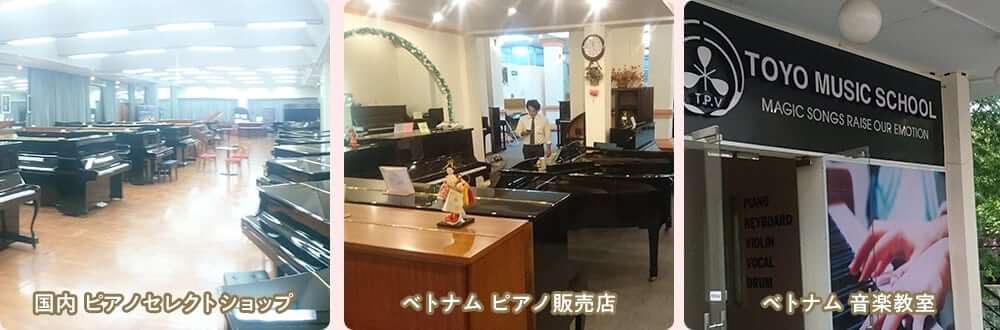 国内：ピアノセレクトショップ、ベトナム：ピアノ販売店、音楽教室