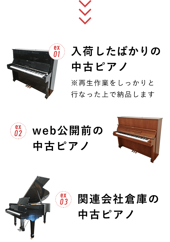 ex.入荷したばかりの中古ピアノ、web公開前の中古ピアノ、関連会社倉庫の中古ピアノ