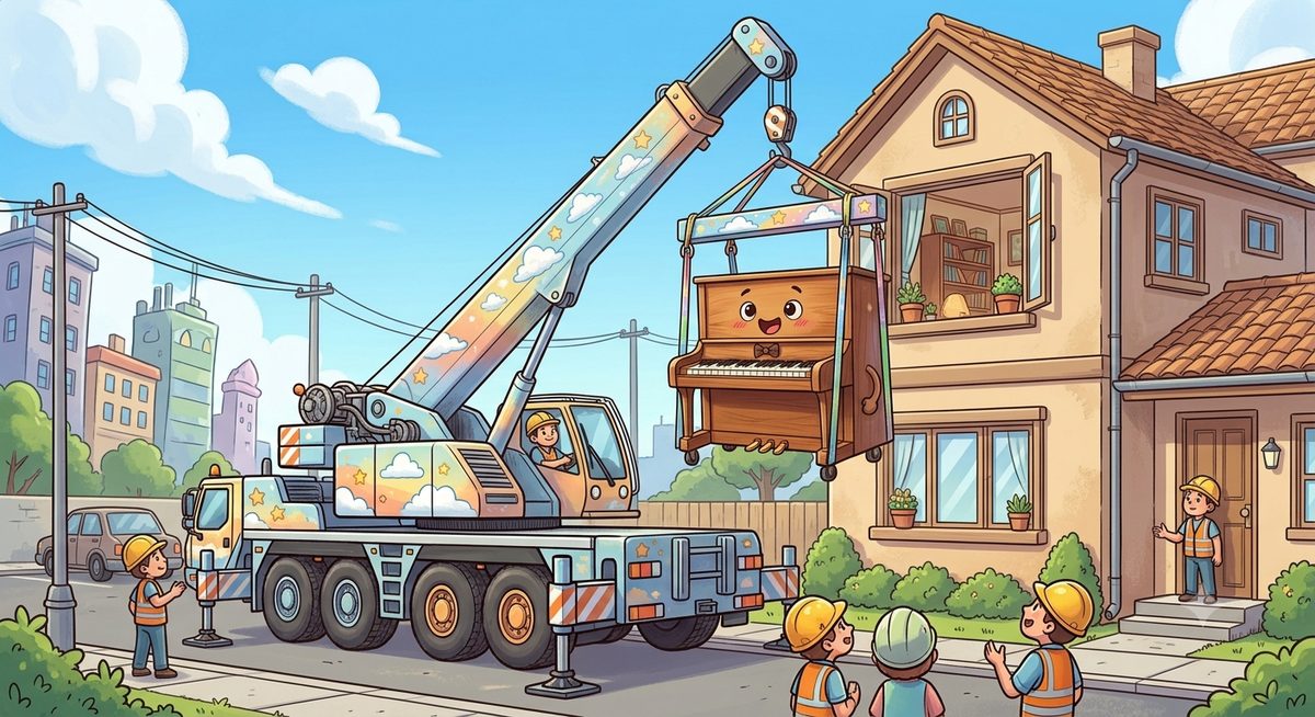 クレーン車で住宅の2階へピアノを搬入する様子のイラスト（AI生成のイメージ画像）