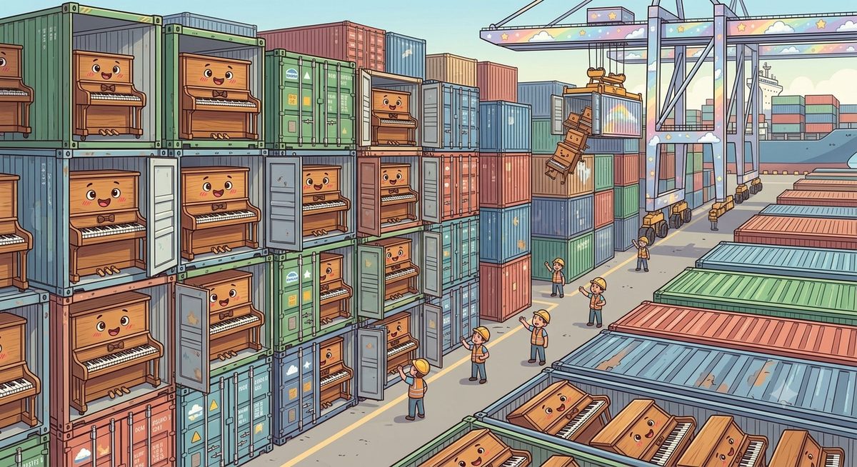 港でピアノを海上コンテナに積み込む様子のイラスト（AI生成のイメージ画像）